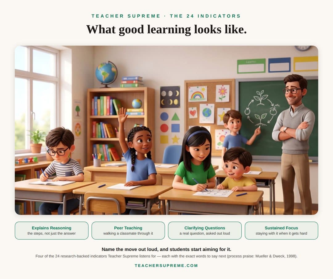 A classroom of students working and one with a hand up, over four of the twenty-four indicators a teacher can log: Explains Reasoning, Peer Teaching, Clarifying Questions, Sustained Focus — each with the words to say and the research behind it.