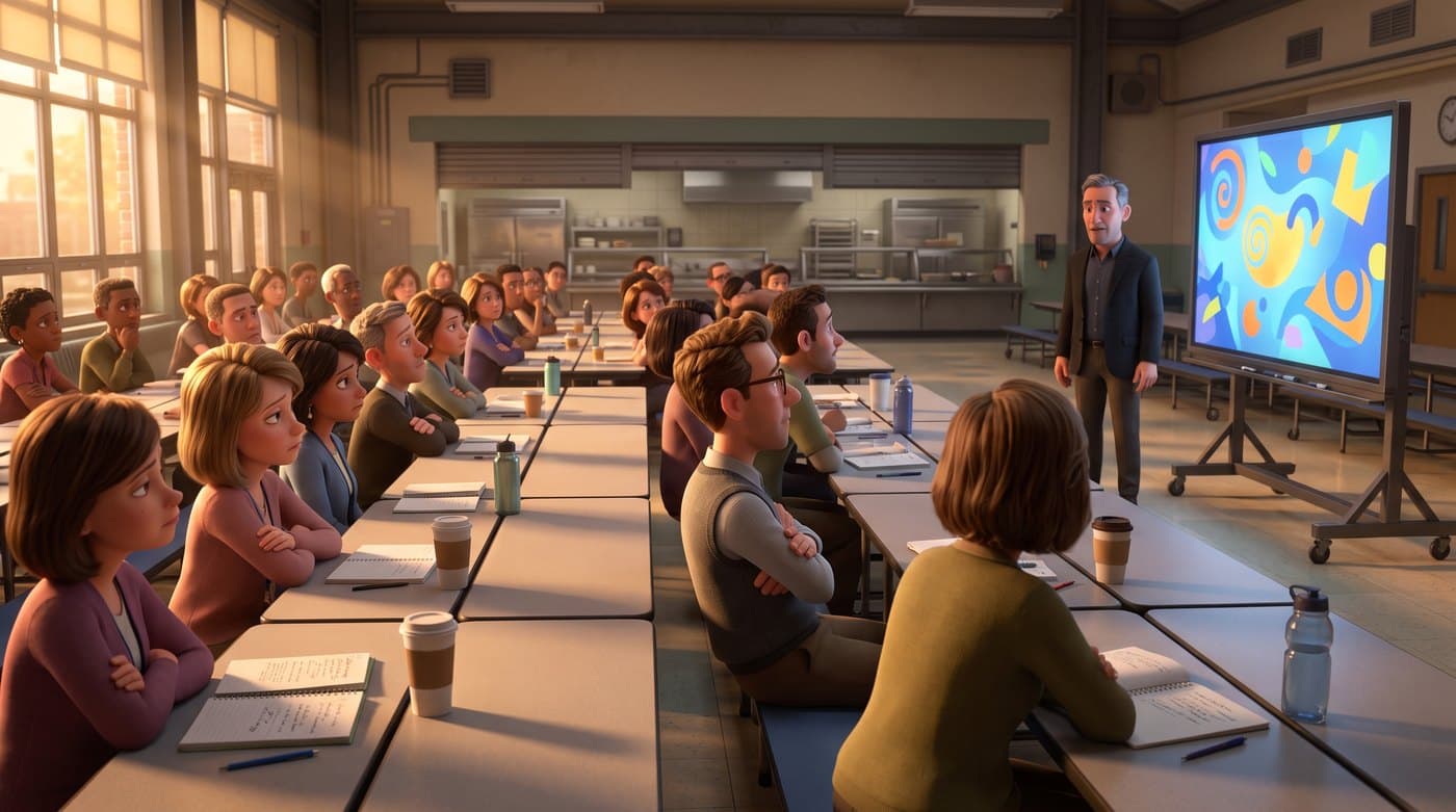 A school cafeteria at the end of a training day: lunch tables pushed together, rows of tired teachers facing the front with notebooks and coffee cups, listening to a presenter beside a smartboard. Late afternoon light through the windows.