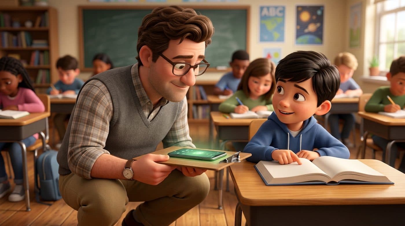 Mr. Morris crouches beside one desk during quiet work, his phone lying screen-up on a wooden clipboard held level in his hand, glowing soft green, while a student points proudly at a page in an open history book; the rest of the class works on in warm light.