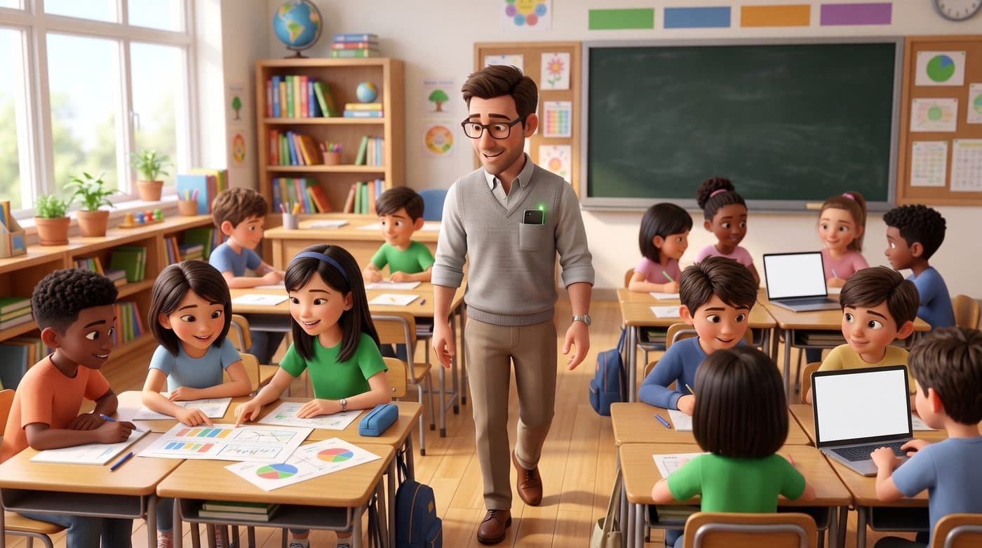 Mr. Morris walks between tables of working students — one lap of a full classroom, seeing every student, his phone riding in his shirt pocket with a small green light on. Nothing in his hands but the room.