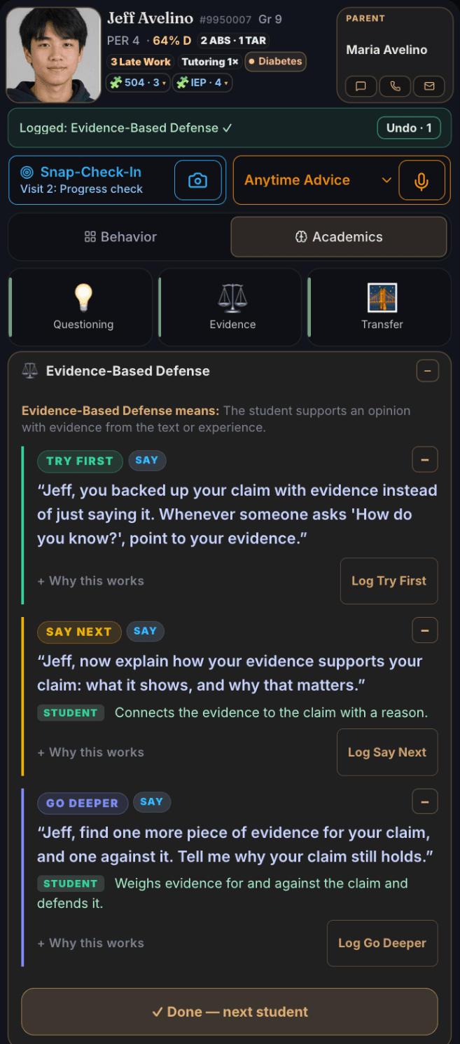 Jeff Avelino's card a moment after tapping Evidence: Logged: Evidence-Based Defense. Try first is open, with Say next and Go deeper below, each with what Jeff does next.