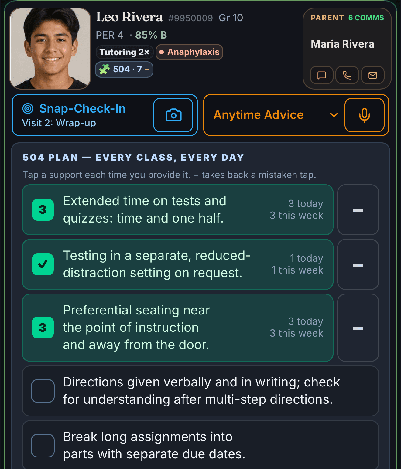 Leo Rivera's student card with his 504 plan open: extended time on tests, 3 today and 3 this week; testing in a separate, reduced-distraction setting, 1 today; preferential seating near the point of instruction, 3 today; each with a minus to take back a mistaken tap