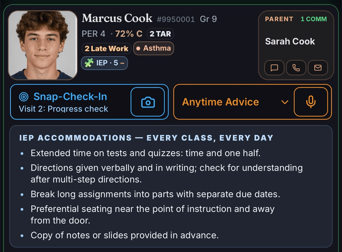 Marcus Cook's card with his IEP open: extended time on tests and quizzes, directions given verbally and in writing, long assignments broken into parts, preferential seating, and a copy of notes in advance — beside his photo, grade, late work, asthma alert and his parent Sarah Cook