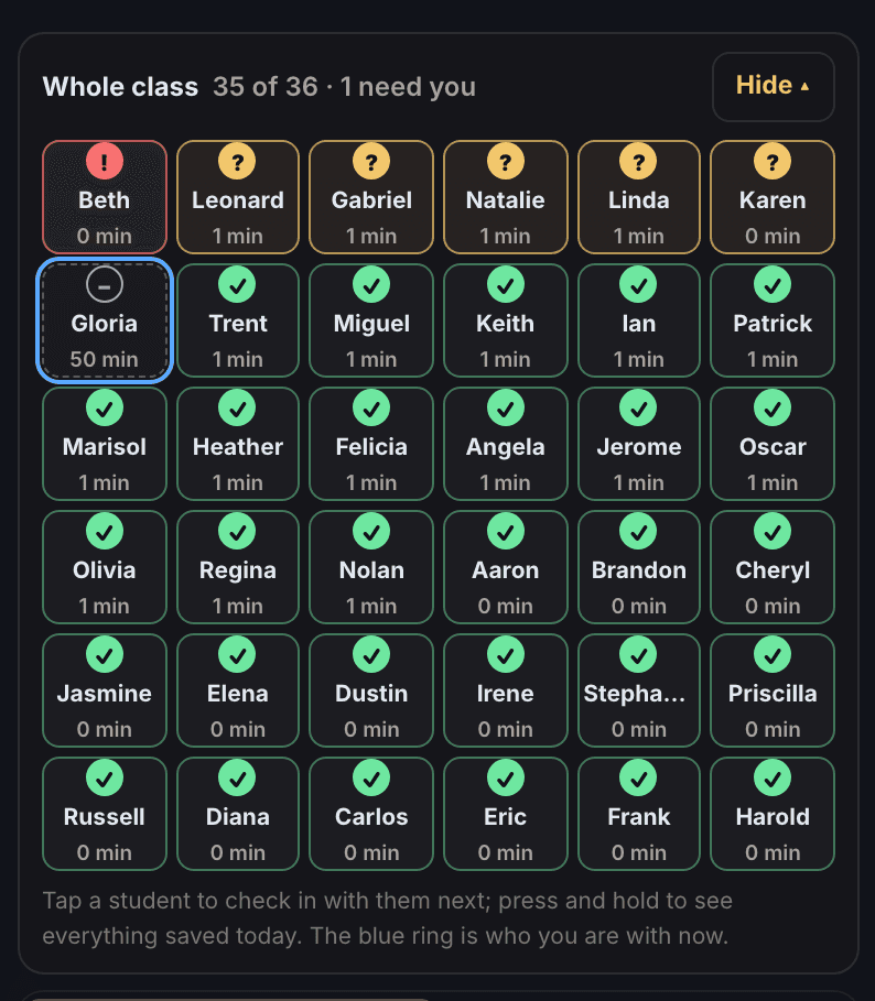 The whole class under a Snap-Check-In: 36 students, one who needs the teacher, five to check in with, one not seen yet, and the rest working, each with the minutes since the last check-in